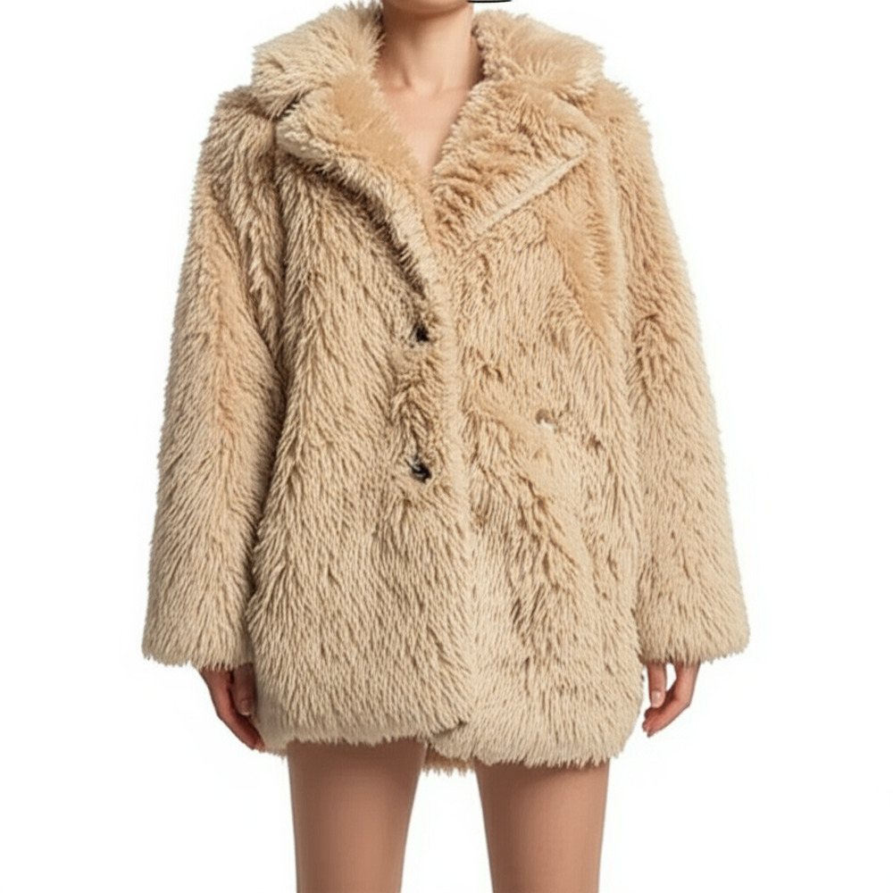 SMFK WildWorld Grassland Wool Jacket In Wheat Faux Fur Shaggy Beige Womens M